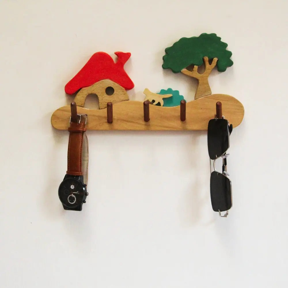 Farmhouse Kids Wall Cloth Hanger ( Hut, cat, bush and tree)| Keys, Cloths, ID Cards Hanger| Kids Room Organiser | Natural Wood Hanger| Organic Toys