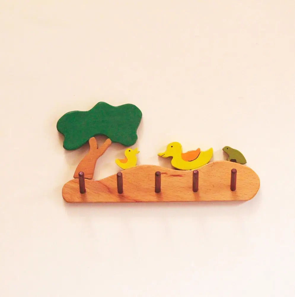 Wild Pool Kids Wall Cloth Hanger (Wild Pool with ducks, frog and tree)| Keys, Cloths, ID Cards Hanger| Kids Room Organizer | Natural Wood Hanger Organic Toys
