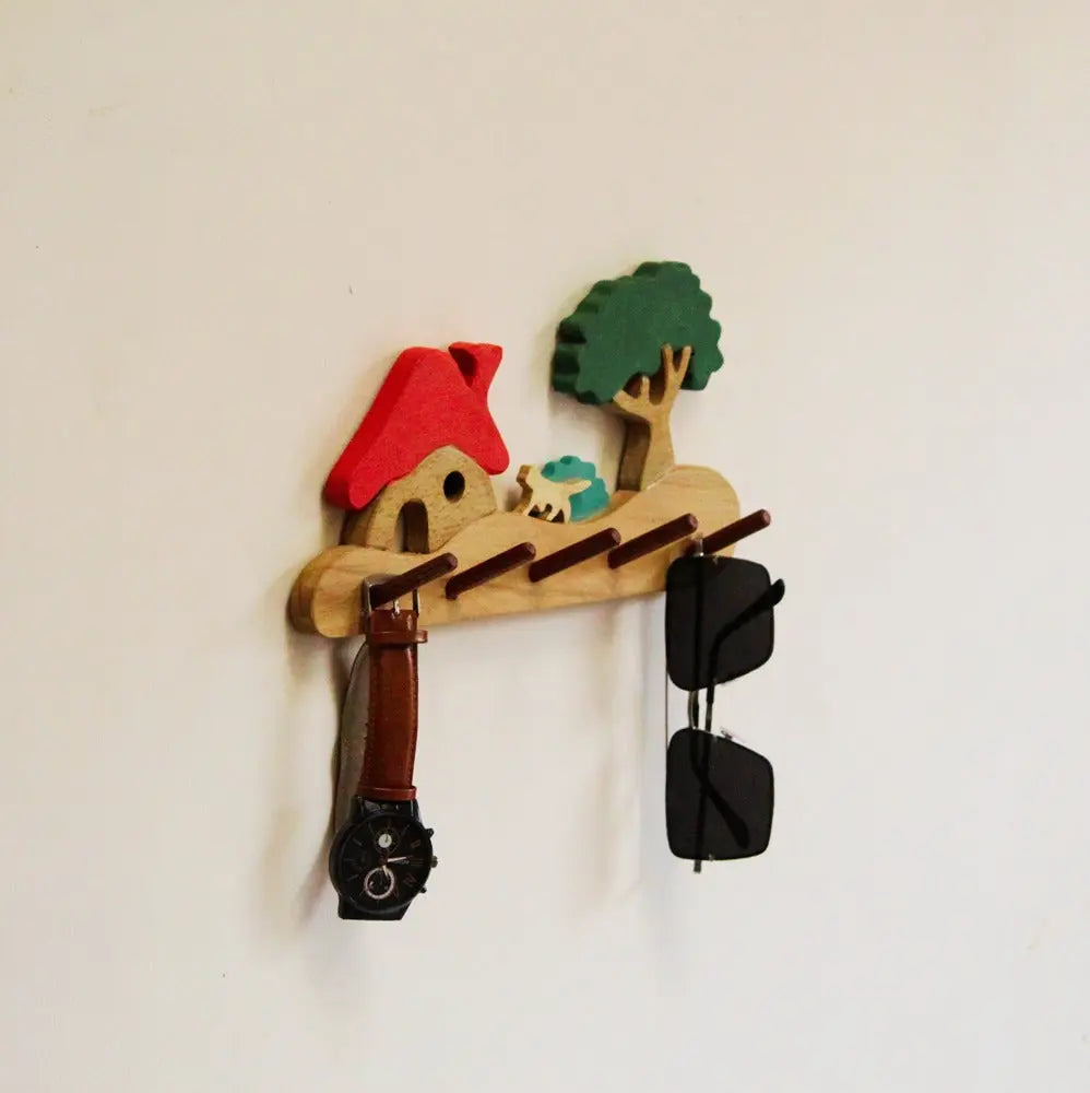 Farmhouse Kids Wall Cloth Hanger ( Hut, cat, bush and tree)| Keys, Cloths, ID Cards Hanger| Kids Room Organiser | Natural Wood Hanger| Organic Toys