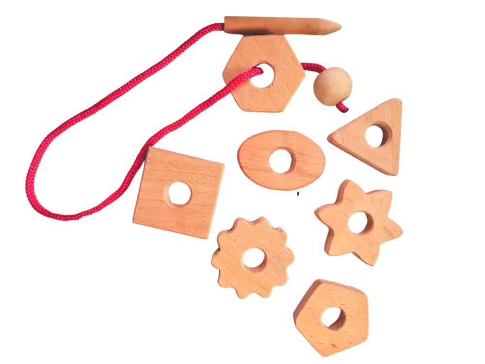 Montessori Wooden Lacing Shapes Toy (1X lacing needle, 7x shapes)| Wooden Lacing Shapes for Babies 1-2 Years for Brain Development Designed by Exp | Learning Toys for Montessori toys Organic Toys