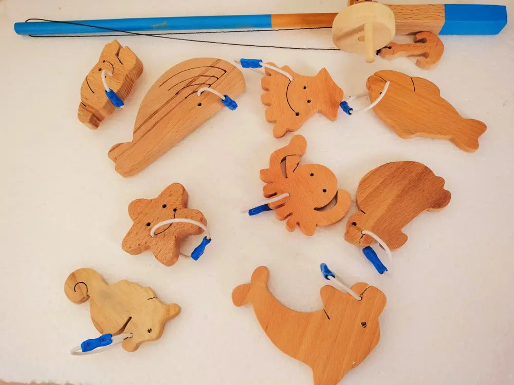 Kids Fishing Game Toy (1 X Fishing Rod, 7 X Fishes) | Toy Fishing Rod | Wooden Kids Fishing Montessori Game | Educational Fishing Game Organic Toys