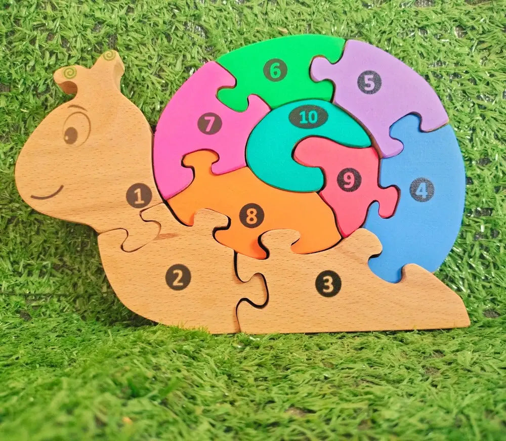 Snail01 Brain Teaser Jigsaw Number Puzzle Set (10 pieces)| Number puzzle | Interlocking Blocks Puzzle| Lock in Blocks Puzzle| Animals Puzzle| Wooden Puzzle Organic Toys