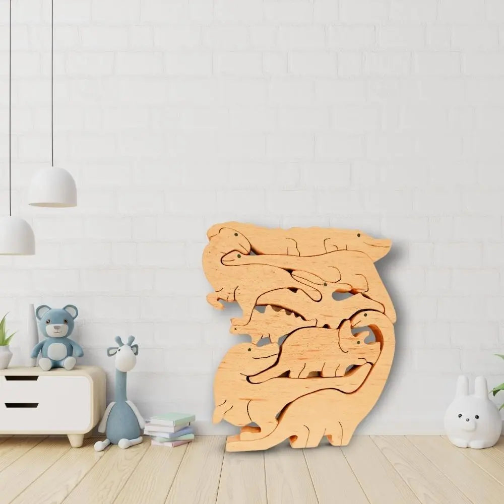 Three in one Stacking toy, Jigsaw Puzzle & Dinosaurs set (8 piece) | Wooden Jigsaw Animals Puzzle | Organic Toy for Brain Development Organic Toys
