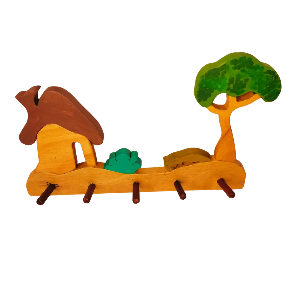 Forest-House Kids Wall Hanger (Seenary with house, bush, tree and a Fox)| Keys, Cloths, ID Cards Hanger| Kids Room Organizer | Natural Wood Hanger Organic Toys