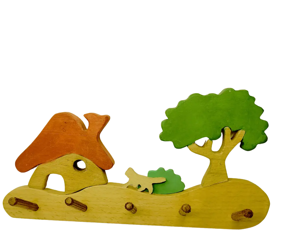 Farmhouse Kids Wall Cloth Hanger ( Hut, cat, bush and tree)| Keys, Cloths, ID Cards Hanger| Kids Room Organiser | Natural Wood Hanger| Organic Toys