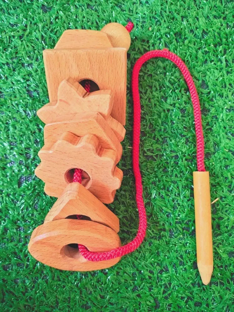 Montessori Wooden Lacing Shapes Toy (1X lacing needle, 7x shapes)| Wooden Lacing Shapes for Babies 1-2 Years for Brain Development Designed by Exp | Learning Toys for Montessori toys Organic Toys