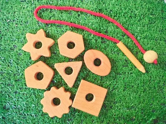 Montessori Wooden Lacing Shapes Toy (1X lacing needle, 7x shapes)| Wooden Lacing Shapes for Babies 1-2 Years for Brain Development Designed by Exp | Learning Toys for Montessori toys Organic Toys