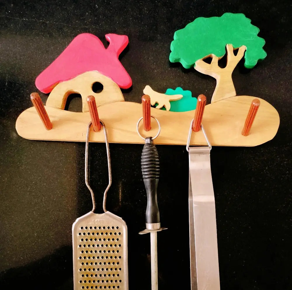 Farmhouse Kids Wall Cloth Hanger ( Hut, cat, bush and tree)| Keys, Cloths, ID Cards Hanger| Kids Room Organiser | Natural Wood Hanger| Organic Toys