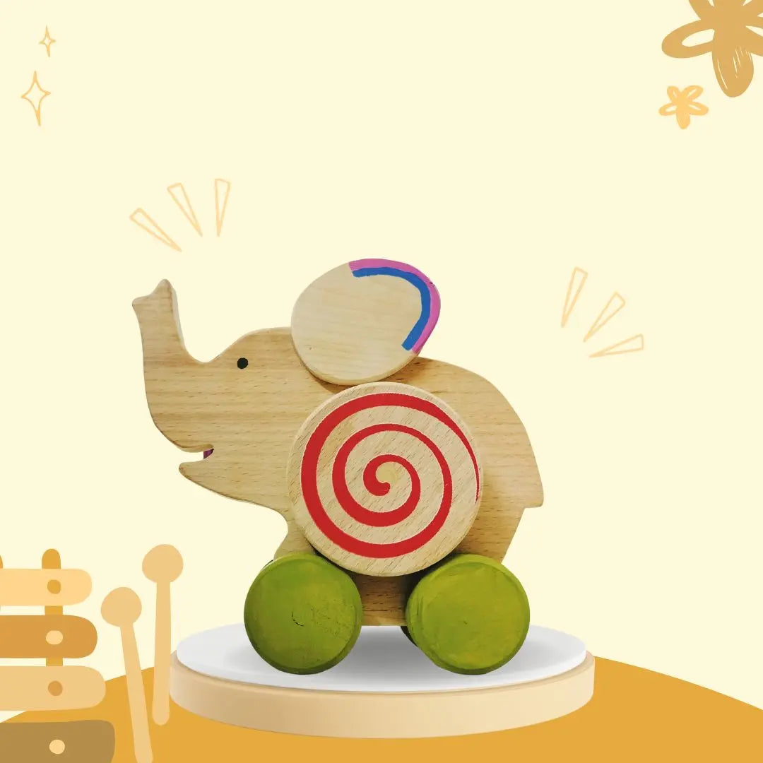 Wooden Geared Wheel Elephant Toy (Push/Pull Toy | Age Group 1-4 Year | Ecofriendly and Natural Toy Organic Toys