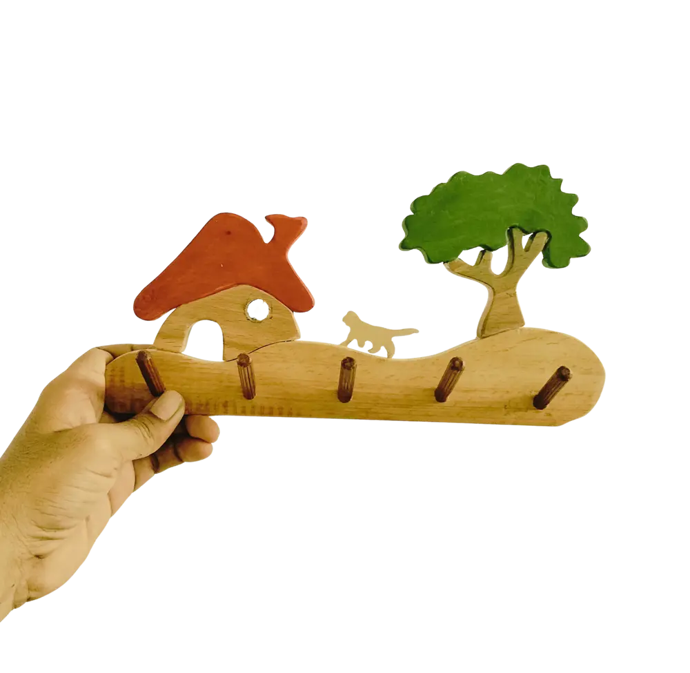 Farmhouse Kids Wall Cloth Hanger ( Hut, cat, bush and tree)| Keys, Cloths, ID Cards Hanger| Kids Room Organiser | Natural Wood Hanger| Organic Toys