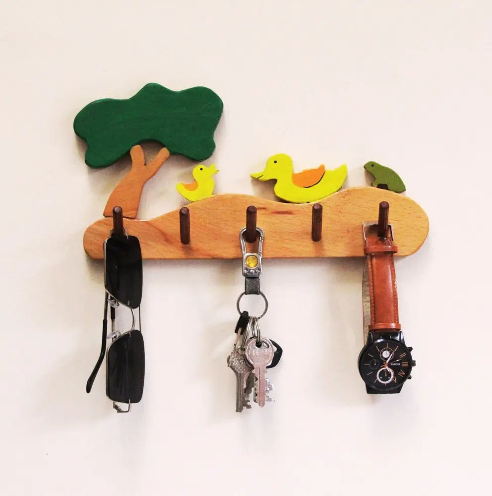 Wild Pool Kids Wall Cloth Hanger (Wild Pool with ducks, frog and tree)| Keys, Cloths, ID Cards Hanger| Kids Room Organizer | Natural Wood Hanger Organic Toys