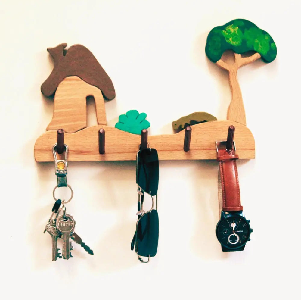 Forest-House Kids Wall Hanger (Seenary with house, bush, tree and a Fox)| Keys, Cloths, ID Cards Hanger| Kids Room Organizer | Natural Wood Hanger Organic Toys