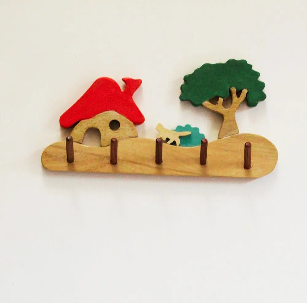 Farmhouse Kids Wall Cloth Hanger ( Hut, cat, bush and tree)| Keys, Cloths, ID Cards Hanger| Kids Room Organiser | Natural Wood Hanger| Organic Toys