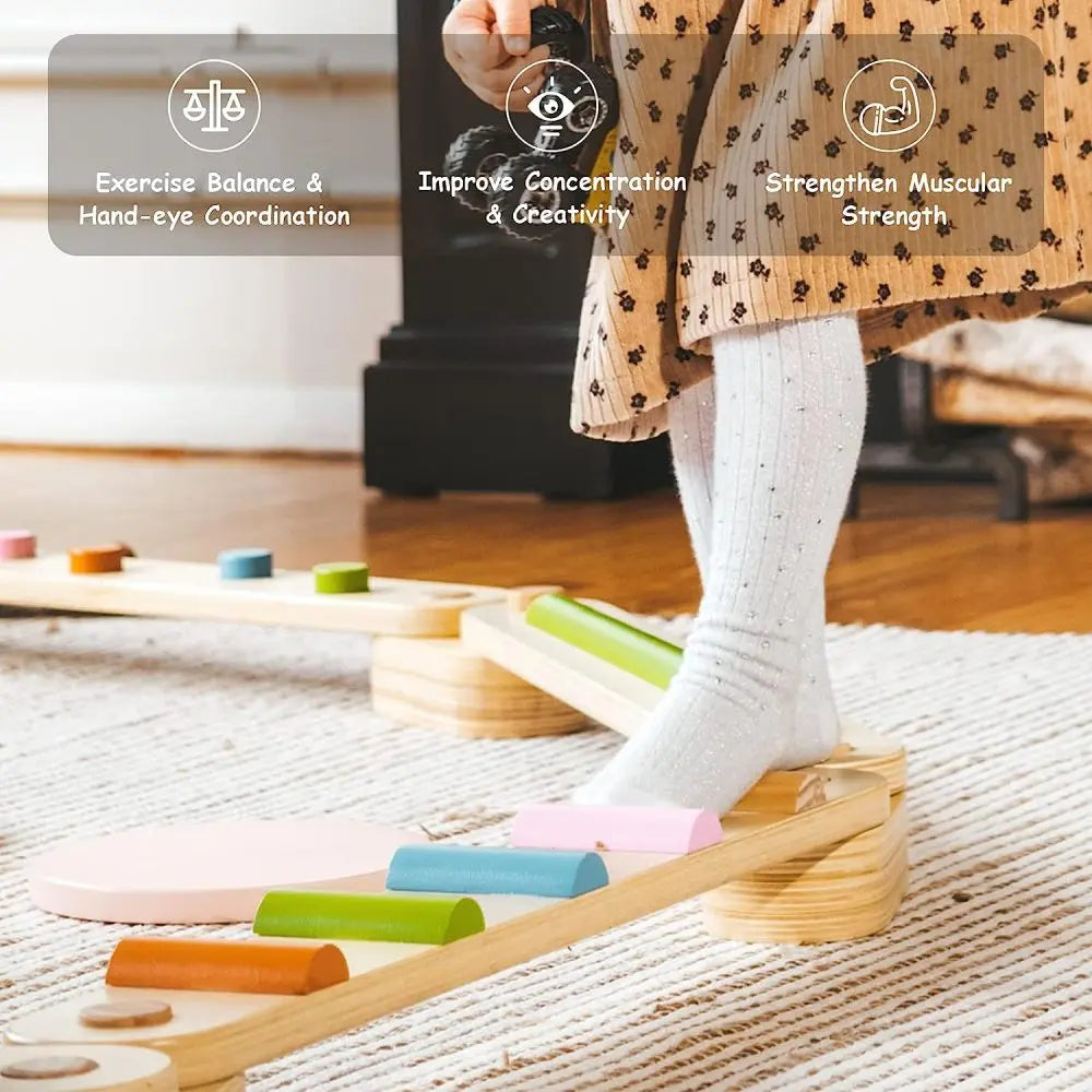 Montessori Wooden Balance Beam | Stepping Stones for Kids | Toddlers Gymnastics Beam | Montessori Toddler Toys | Gymnastics Obstacle Course | Montessori Furniture Toddler Gift Organic Toys