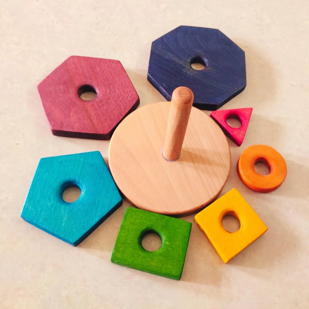 Rainbow colours and shapes stacker | Wooden Stacking Toy | Beech Wood Stacker Organic Toys