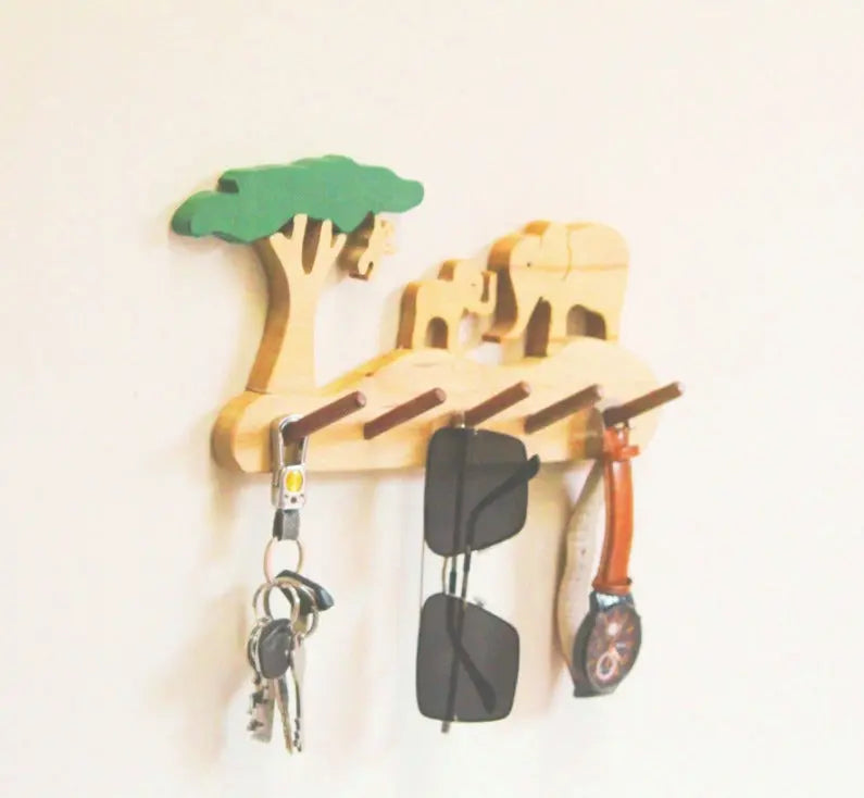 Elephant Grassland Kids Wall Hanger | Keys, Cloths, ID Cards Hanger| Kids Room Organiser | Natural Wood Hanger Organic Toys