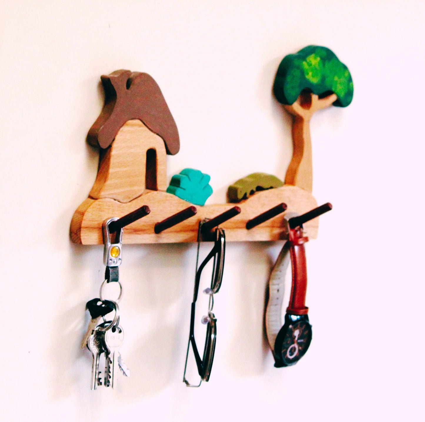 Forest-House Kids Wall Hanger (Seenary with house, bush, tree and a Fox)| Keys, Cloths, ID Cards Hanger| Kids Room Organizer | Natural Wood Hanger Organic Toys