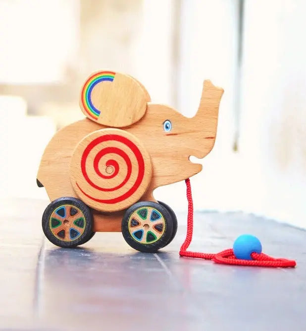 Wooden Geared Wheel Elephant Toy (Push/Pull Toy | Age Group 1-4 Year | Ecofriendly and Natural Toy Organic Toys