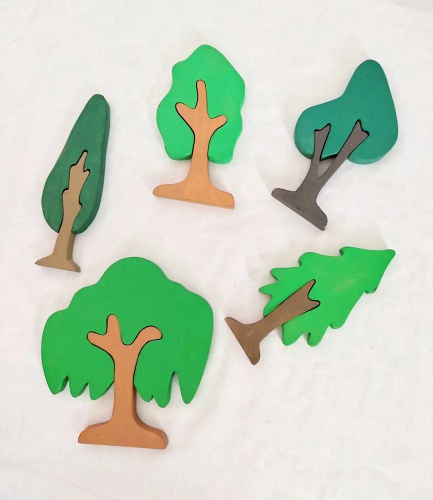 Tree Puzzle Pretend Play Set (Set of five trees)| Tree Mini Puzzles in Beech Wood (Different shapes and colours) | Pretend Play Tree Set | Decorative Tree Set Organic Toys