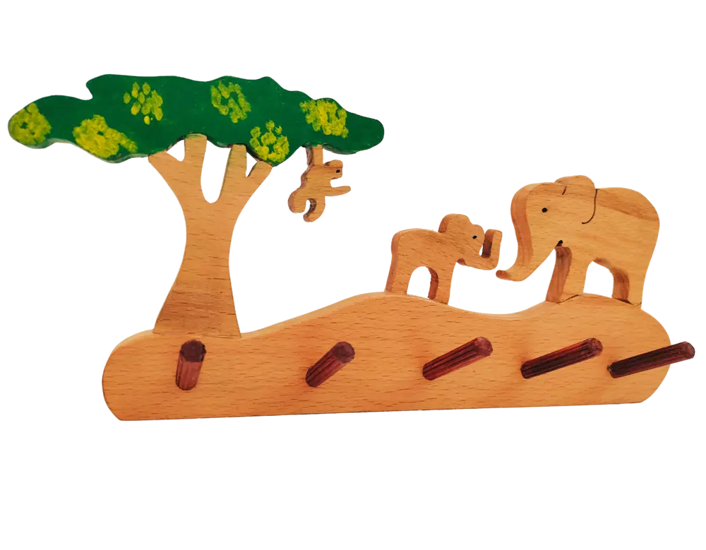 Elephant Grassland Kids Wall Hanger | Keys, Cloths, ID Cards Hanger| Kids Room Organiser | Natural Wood Hanger Organic Toys