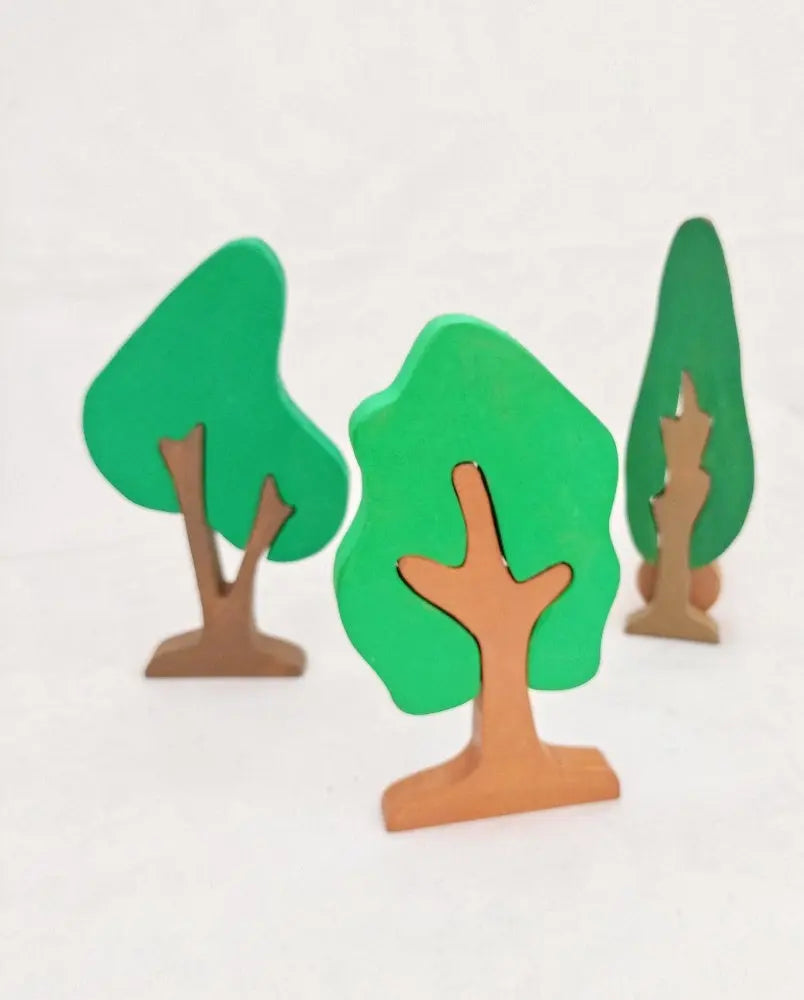 Tree Puzzle Pretend Play Set (Set of five trees)| Tree Mini Puzzles in Beech Wood (Different shapes and colours) | Pretend Play Tree Set | Decorative Tree Set Organic Toys