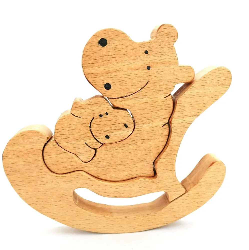 Wooden Hippo Rocking Baby and Mummy Jigsaw Puzzle | Wooden Jigsaw Puzzle | Wooden Showpiece Organic Toys