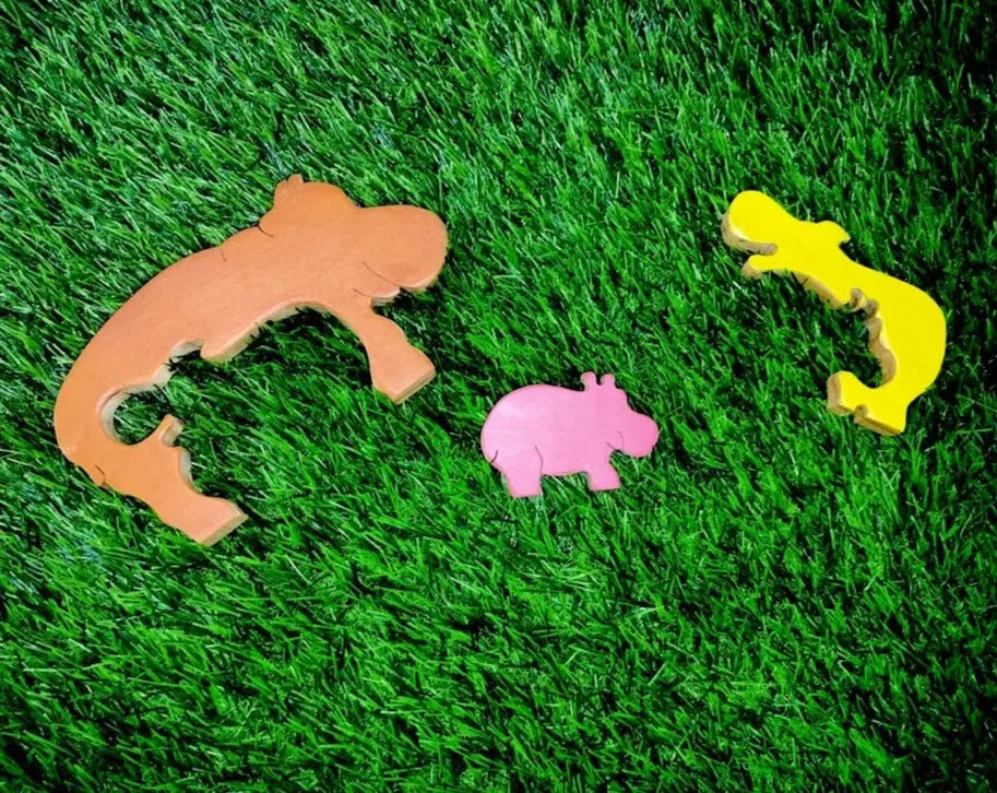 Hippo Family Brain Teaser Jigsaw Animal Puzzle set (3 pieces)| Lock in blocks puzzle set| Animals Puzzle| Wooden Puzzle Organic Toys