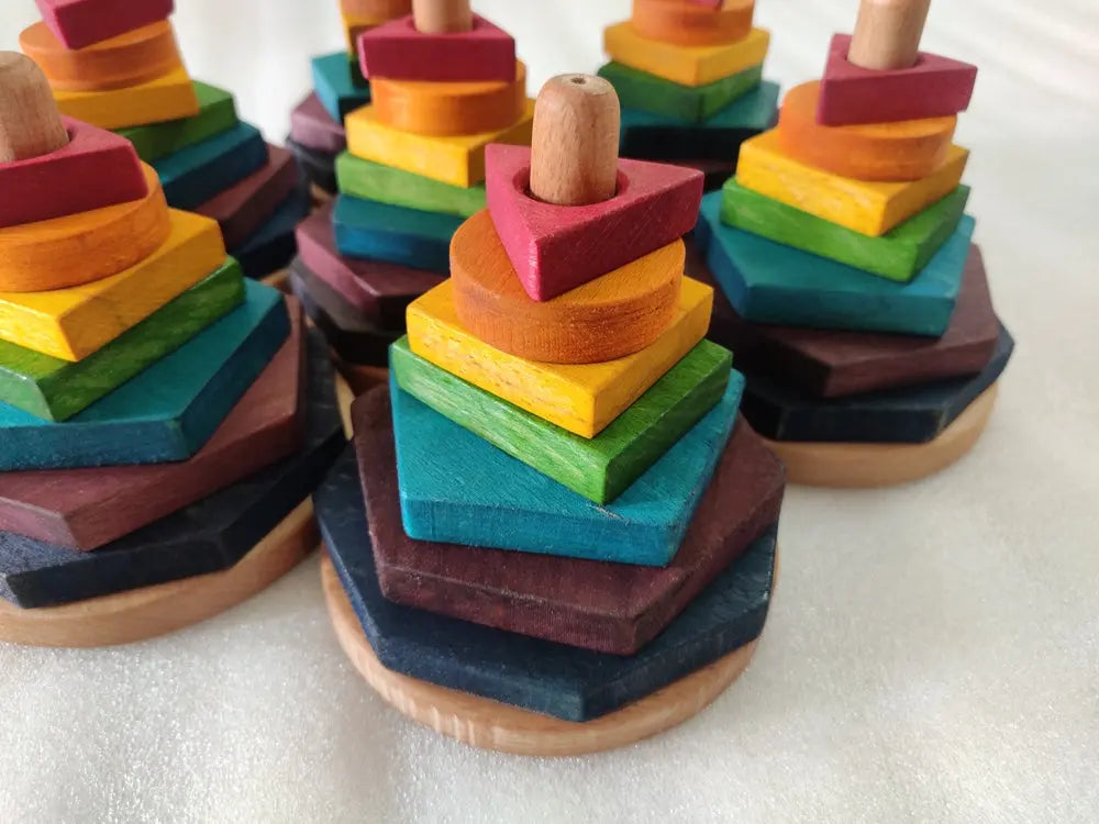 Rainbow colours and shapes stacker | Wooden Stacking Toy | Beech Wood Stacker Organic Toys