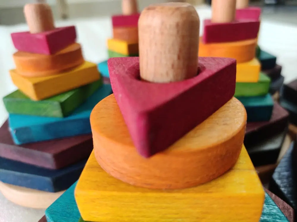 Rainbow colours and shapes stacker | Wooden Stacking Toy | Beech Wood Stacker Organic Toys