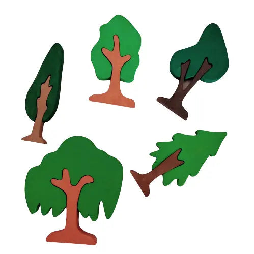 Tree Puzzle Pretend Play Set (Set of five trees)| Tree Mini Puzzles in Beech Wood (Different shapes and colours) | Pretend Play Tree Set | Decorative Tree Set Organic Toys