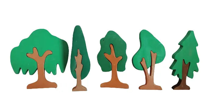 Tree Puzzle Pretend Play Set (Set of five trees)| Tree Mini Puzzles in Beech Wood (Different shapes and colours) | Pretend Play Tree Set | Decorative Tree Set Organic Toys