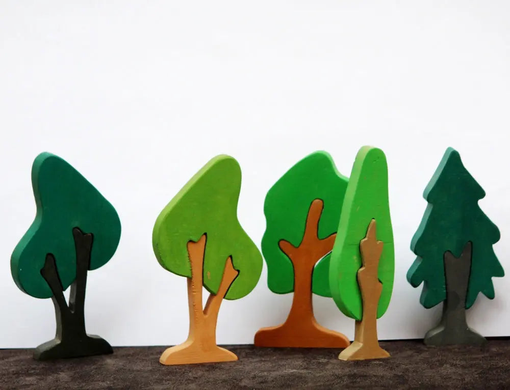 Tree Puzzle Pretend Play Set (Set of five trees)| Tree Mini Puzzles in Beech Wood (Different shapes and colours) | Pretend Play Tree Set | Decorative Tree Set Organic Toys