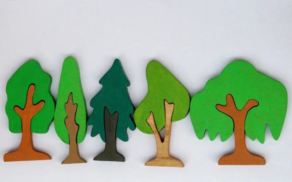 Tree Puzzle Pretend Play Set (Set of five trees)| Tree Mini Puzzles in Beech Wood (Different shapes and colours) | Pretend Play Tree Set | Decorative Tree Set Organic Toys