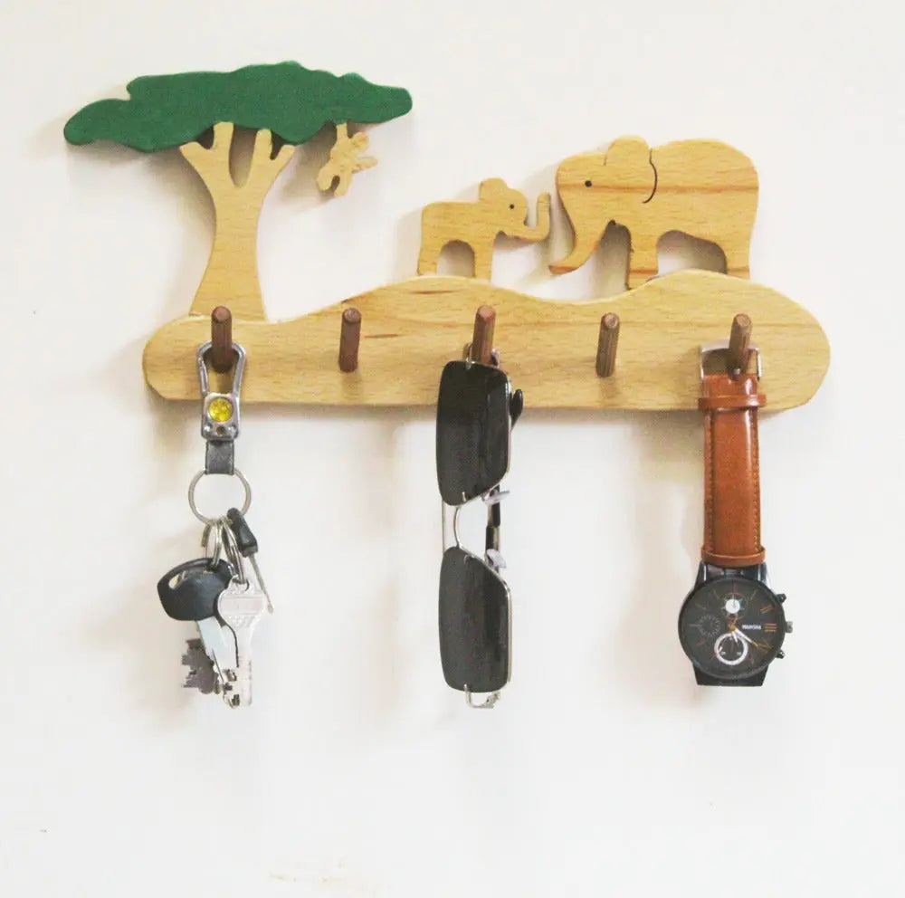 Elephant Grassland Kids Wall Hanger | Keys, Cloths, ID Cards Hanger| Kids Room Organiser | Natural Wood Hanger Organic Toys