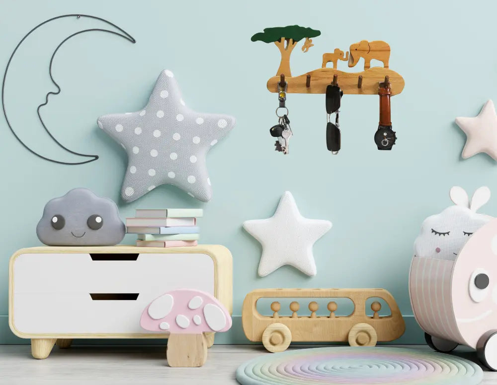 Elephant Grassland Kids Wall Hanger | Keys, Cloths, ID Cards Hanger| Kids Room Organiser | Natural Wood Hanger Organic Toys