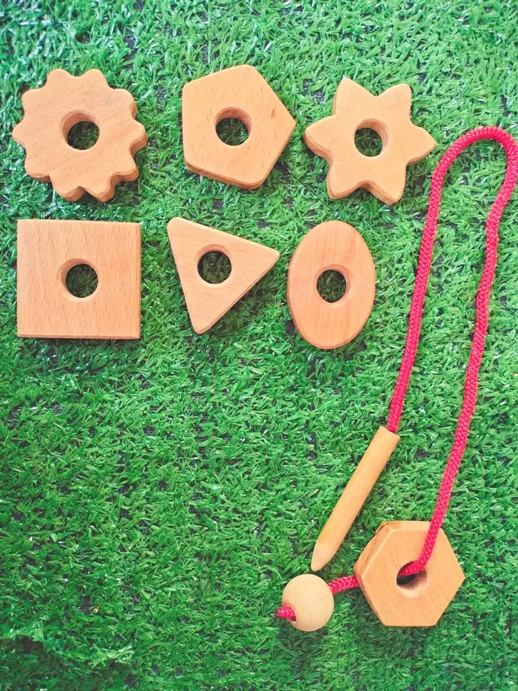 Montessori Wooden Lacing Shapes Toy (1X lacing needle, 7x shapes)| Wooden Lacing Shapes for Babies 1-2 Years for Brain Development Designed by Exp | Learning Toys for Montessori toys Organic Toys