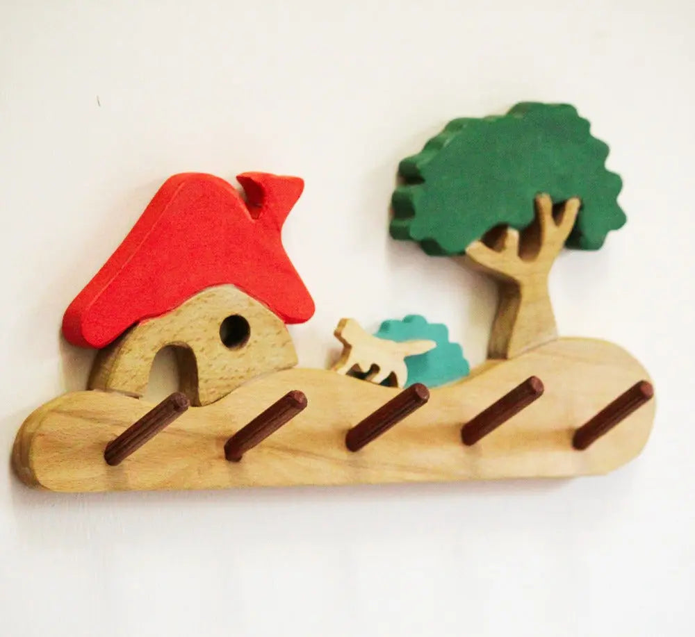 Farmhouse Kids Wall Cloth Hanger ( Hut, cat, bush and tree)| Keys, Cloths, ID Cards Hanger| Kids Room Organiser | Natural Wood Hanger| Organic Toys