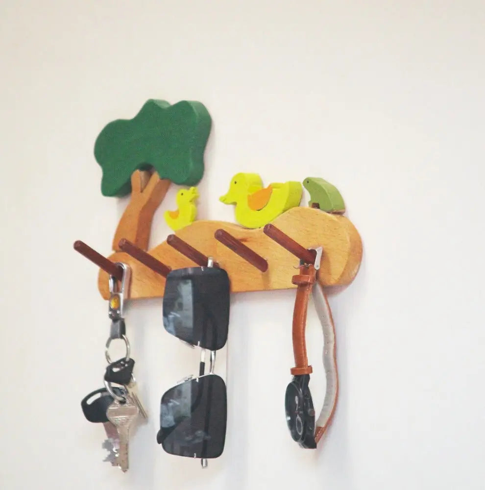 Wild Pool Kids Wall Cloth Hanger (Wild Pool with ducks, frog and tree)| Keys, Cloths, ID Cards Hanger| Kids Room Organizer | Natural Wood Hanger Organic Toys