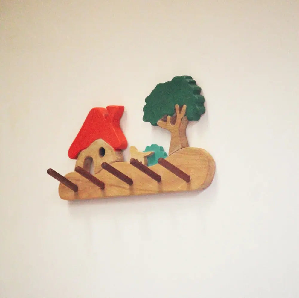 Farmhouse Kids Wall Cloth Hanger ( Hut, cat, bush and tree)| Keys, Cloths, ID Cards Hanger| Kids Room Organiser | Natural Wood Hanger| Organic Toys