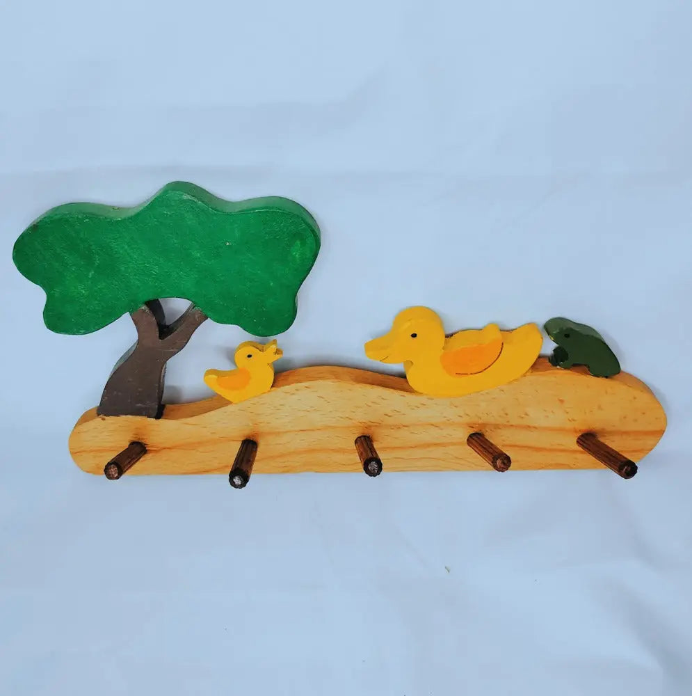 Wild Pool Kids Wall Cloth Hanger (Wild Pool with ducks, frog and tree)| Keys, Cloths, ID Cards Hanger| Kids Room Organizer | Natural Wood Hanger Organic Toys