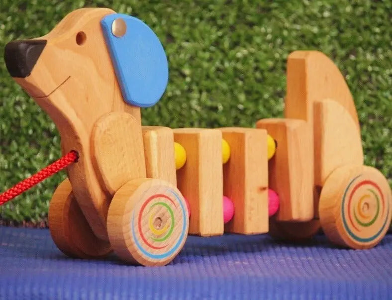Wriggly pul along Dog toy (Age 1-4 years)| Wooden Push/PullToy | Natural Toy Organic Toys