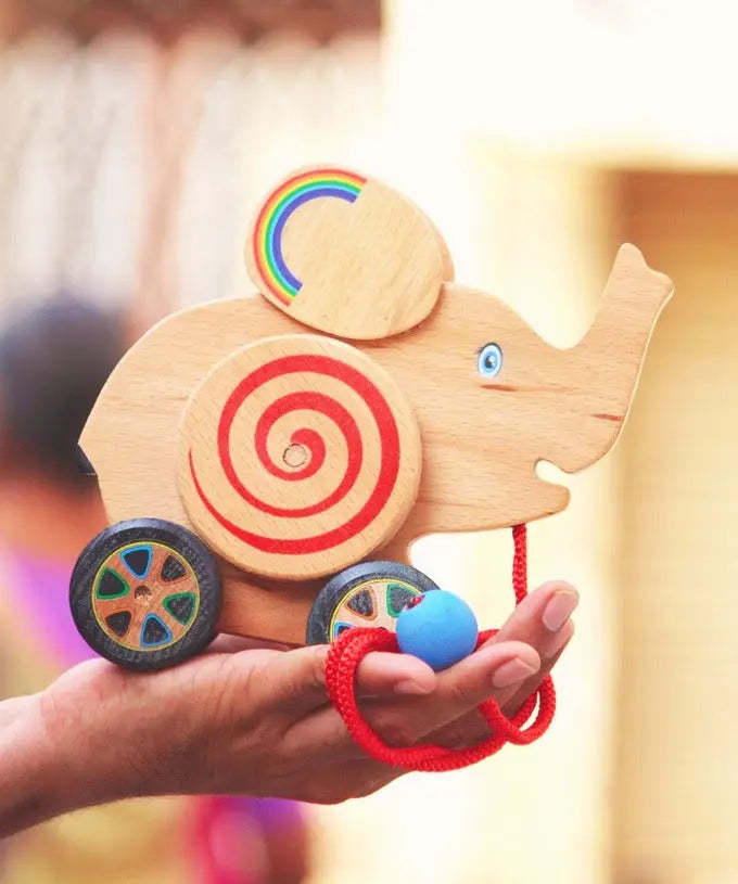 Wooden Geared Wheel Elephant Toy (Push/Pull Toy | Age Group 1-4 Year | Ecofriendly and Natural Toy Organic Toys