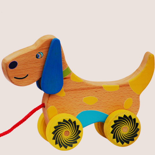 Wooden Push/Pull Caravan Doggy | Wooden Pullalong Toy Dog| Pull Toy Dog with Cord and Holding Piece