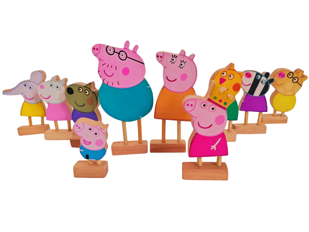 Peppas Family & friend's | Wooden Peppa's Friends | Daddy Pig, Mummy Pig, Peppa Pig, Jeorge, Suzi sheep, Danny Dog, Emily Elephant, Pedro Pony, Zoe zebra, Candy Cat) | Pretend Play | Story Telling