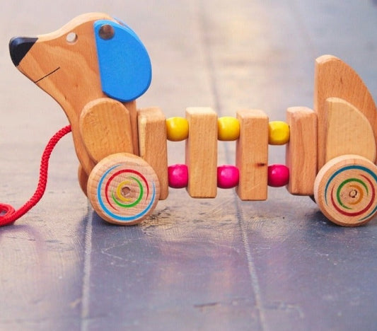 Wriggly pul along Dog toy (Age 1-4 years)| Wooden Push/PullToy | Natural Toy