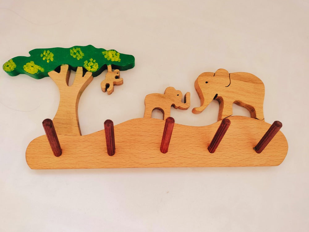 Elephant Grassland Kids Wall Hanger | Keys, Cloths, ID Cards Hanger| Kids Room Organiser | Natural Wood Hanger