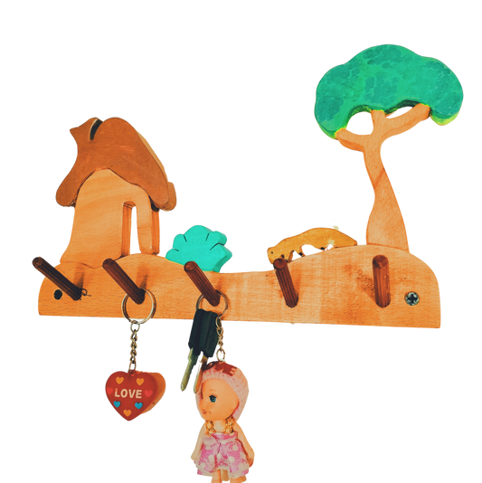 Forest-House Kids Wall Hanger (Seenary with house, bush, tree and a Fox)| Keys, Cloths, ID Cards Hanger| Kids Room Organizer | Natural Wood Hanger