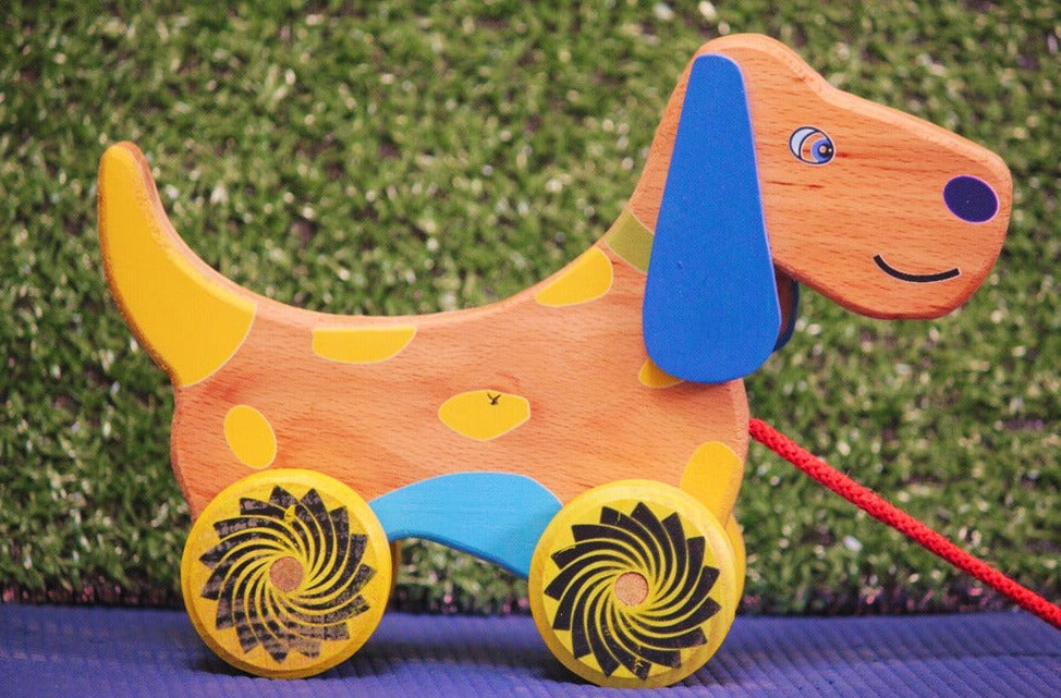 Wooden Push/Pull Caravan Doggy | Wooden Pullalong Toy Dog| Pull Toy Dog with Cord and Holding Piece