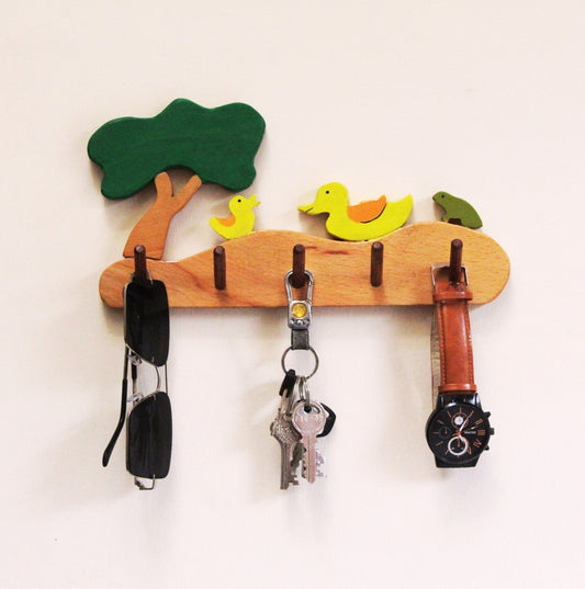 Wild Pool Kids Wall Cloth Hanger (Wild Pool with ducks, frog and tree)| Keys, Cloths, ID Cards Hanger| Kids Room Organizer | Natural Wood Hanger