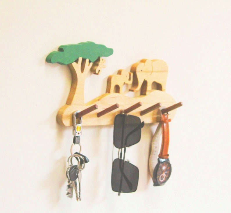 Elephant Grassland Kids Wall Hanger | Keys, Cloths, ID Cards Hanger| Kids Room Organiser | Natural Wood Hanger